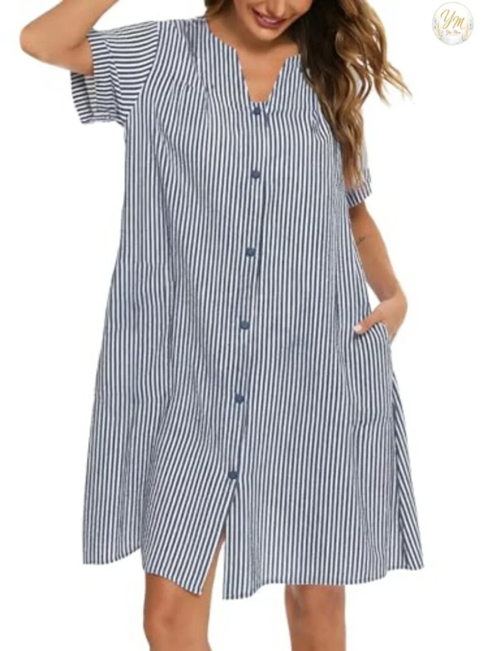 Women's Cotton Blend Nightgown Button Down House Dress Short Sleeve with Pockets
